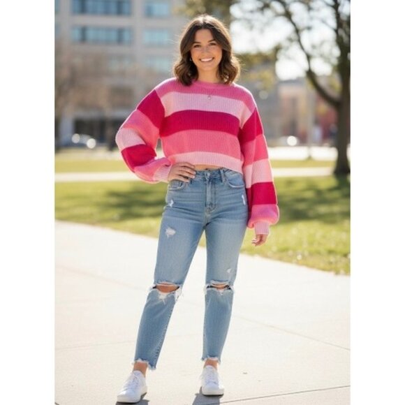 Barbiecore Cropped Hot Pink Ribbed Knit Sweater - Picture 1 of 11